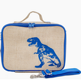 Lunch Box | Dino with linen cotton exterior, blue dinosaur print, removable strap, and insulated interior for kids' meals.
