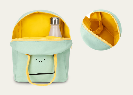 Zipper Lunch Bag | Happy Bread in light green with yellow interior and water bottle pocket, eco-friendly and washable design