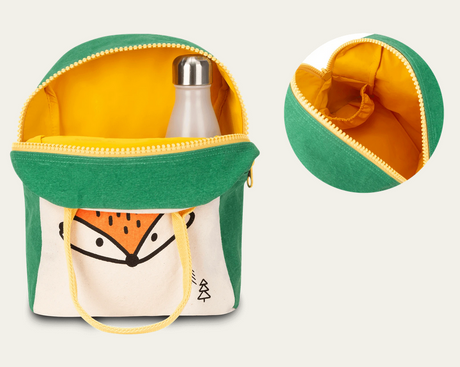 Zipper Lunch Bag | Fox with roomy interior, bottle pocket, and food-safe lining in green and yellow organic cotton design.