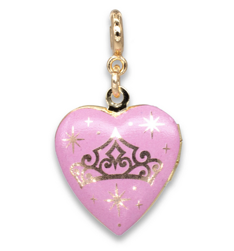 Gold Princess Locket Charm pink heart-shaped locket with gold crown design and anodized base metal finish.