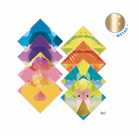 Origami Sea Creatures paper sheets with colorful, illustrated designs featuring metallic accents for creative folding.