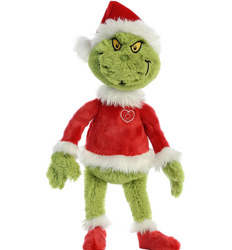Grinch Santa plush wearing red Santa outfit with white trim, featuring cute textures and mischievous expression.
