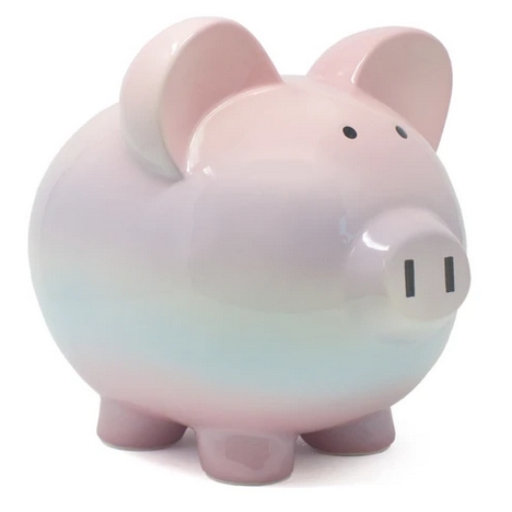 Piggy Bank Ombre ceramic piggy bank with shiny glaze and durable dolomite finish, measuring 7x8 inches.