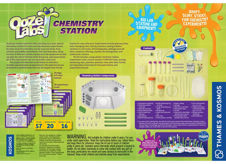Ooze Labs Chemistry Station with lab equipment and colorful experiment cards for kids' fun and safe chemistry experiments.