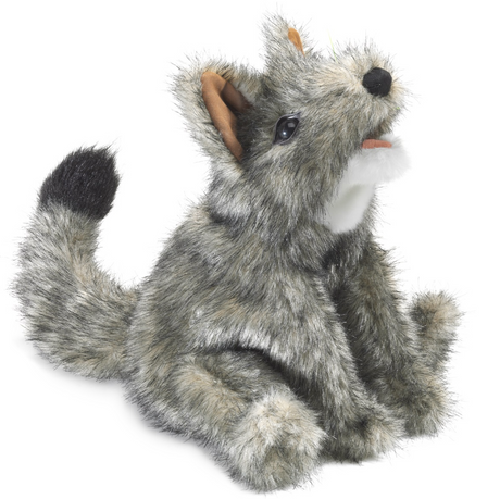 Coyote Puppet with movable mouth and fore legs in playful pose, made of soft gray fur, 9 inches long and high.