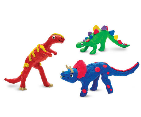 Create with Clay Dinosaurs showing colorful handmade T-rex, triceratops, and stegosaurus clay models with wiggly eyes.
