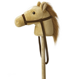 Hobby Horse Beige with fabric bridal and wooden stick, plush horse head toy that makes gallop and neigh sounds.