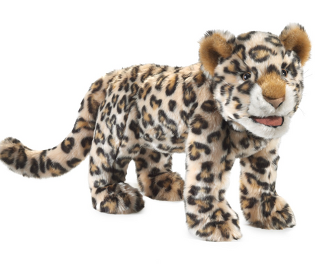 Leopard Cub Puppet with detailed spots, movable mouth, and soft plush fur, perfect for children ages 3 and up.