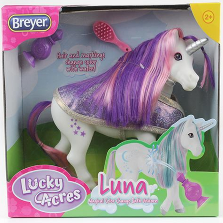Luna Color Change Unicorn in packaging with purple mane, brush, bathrobe, and color-changing hair and markings bath toy.