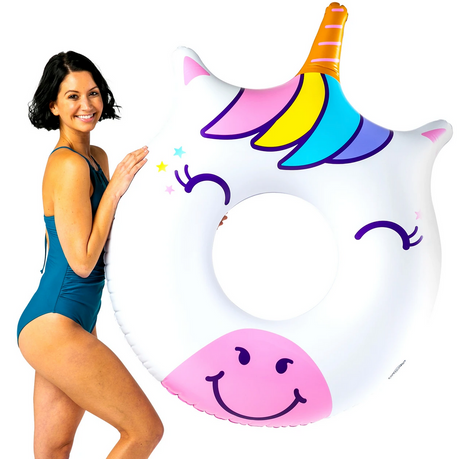 Pool Float | Unicorn featuring a happy unicorn face with colorful horn, perfect for pool, beach, lake, or lazy river fun.