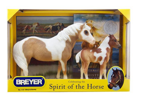 Misty & Stormy with Book showing a mare and foal model set with the Misty of Chincoteague paperback in display box.