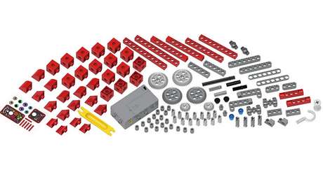 Robot Factory mechanical engineering kit parts including gears, motor, and red building pieces laid out for assembly and learning.
