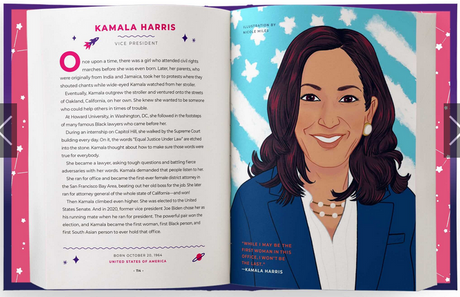 Good Night Stories for Rebel Girls: 100 Real-Life Tales of Black Girl Magic book open to Kamala Harris biography and illustration.