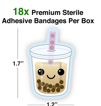 Boba Tea Bandages featuring a cute, smiling bubble tea design, 18 sterile, self-adhesive bandages per box.