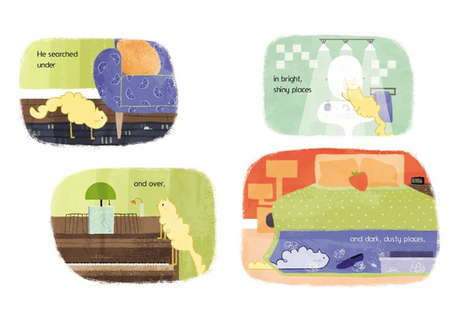 Original Cat, Copy Cat illustration showing a kitten searching under furniture in bright and dark places.