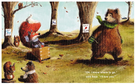 Illustration from The Missing Pairs showing Fox, Hare, Badger with Bear solving the mystery of lost socks and mittens.