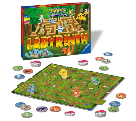 Pokemon Labyrinth board game featuring a maze with Pikachu, Bulbasaur, Charmander, and Squirtle game pieces.
