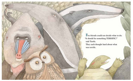 Terrific! book illustration showing five animals including mandrill, owl, badger, turtle brainstorming ideas together.