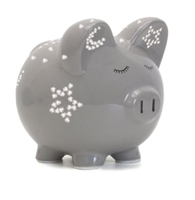 Piggy Bank Nightlight Grey ceramic dolomite piggy bank with star patterns and glazed shiny finish for durability.