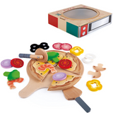 Perfect Pizza Play Set with wooden pizza, toppings, slicer, and oven delivery box for imaginative Italian cooking fun.