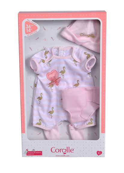 14in Layette Set with pink flamingo onesie, matching cap, socks, cloth diaper, and pacifier for 14-inch baby doll.