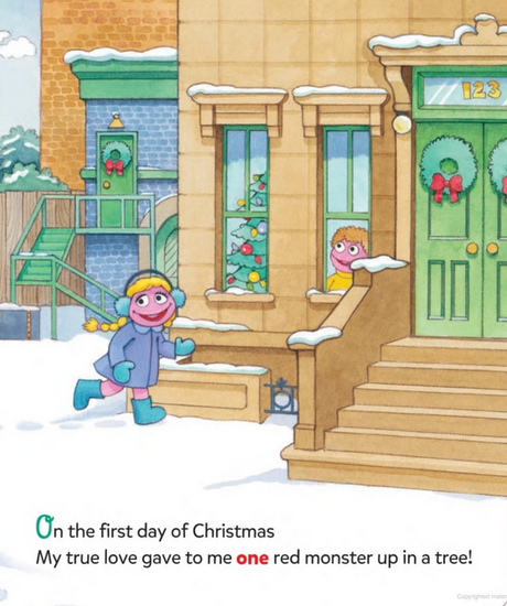 Illustration from Elmo's 12 Days of Christmas showing winter scene with a red monster and children near a decorated door.