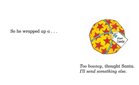 Dear Santa page showing a wrapped bouncy ball gift with a tag from Santa in a children's book.