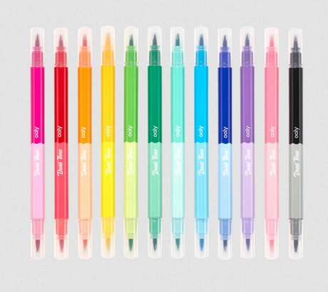 Set of 12 Dual Tone Brush Markers with double-ended brush tips in vibrant complementary colors for art and writing projects.