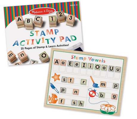 Stamp Kit ABC Activity Set with wooden stamps, stamp pad, and vowel learning activity sheet for kids ages 4 and up.