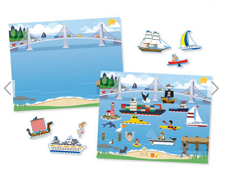 Sticker Pad Vehicles with colorful cling-style stickers and reusable harbor scene for creative play and imagination.