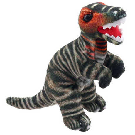 T-rex Brown Fip finger puppet with striped design and red mouth ready for imaginative play and puppet shows.