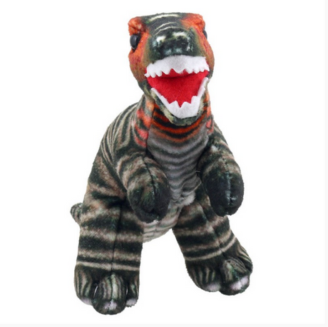 T-rex Brown Fip plush finger puppet with open mouth and striped pattern, perfect for imaginative play for ages 12 months and up.