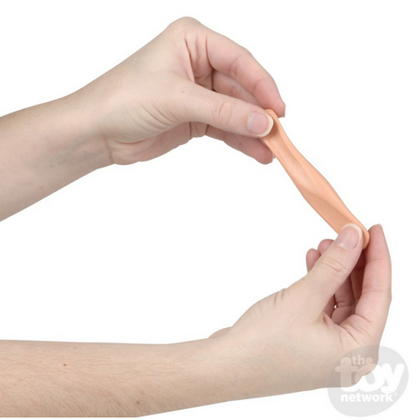 Hands stretching flesh-colored Silly Putty, demonstrating the toy’s flexible and tactile qualities.