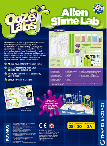 Ooze Labs Alien Slime Lab with tools to mix and test slime, including syringe, roller, scalpel, and tweezers for kids 6+