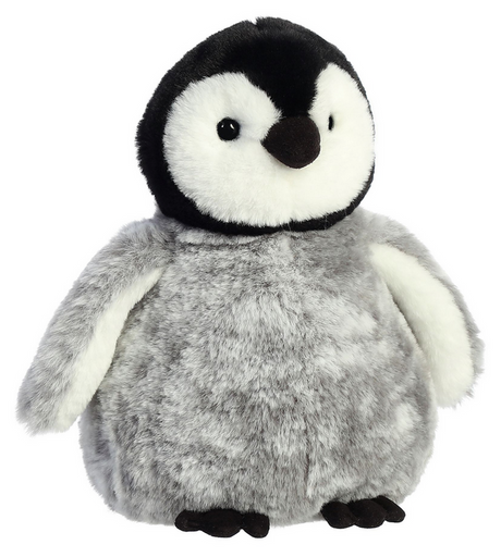 Penguin Pippy plush toy with grey tipped fabric, soft and cuddly, perfect winter companion, 8.5 inches tall.
