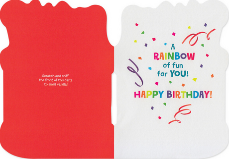 Rainbow Cake Scratch & Sniff Card with colorful confetti and birthday message, scented with vanilla when scratched.