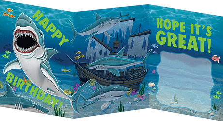 Shark TriFold Card showing a hungry shark with "Happy Birthday" and space for a message inside with underwater shipwreck scene.