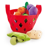 Vegetable Basket with soft plush vegetables including potato, carrot, eggplant, and pea pod for toddler play.