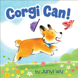 Corgi Can! board book cover shows a playful corgi jumping in a colorful field with a bird and a flying hat.