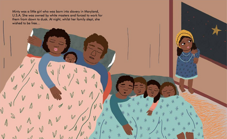 Illustration from Little People, Big Dreams: Harriet Tubman showing a family sleeping and a girl dreaming of freedom at night.