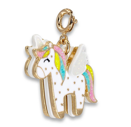 Gold Flying Unicorn Charm featuring enamel, glitter, and base metal with colorful wings and mane detail.