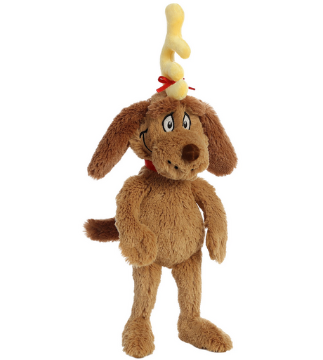 Grinch's Dog Max plush toy with brown fur and a yellow antler, inspired by Dr. Seuss’s beloved Christmas character.