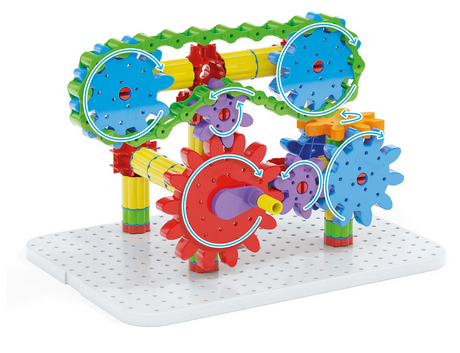 Georello Tech Gears colorful interlocking gears and chains creating a moving mechanical structure on a base.