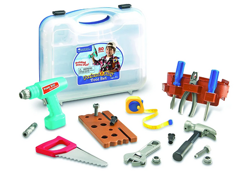 Tool Set & Belt with toy drill, hammer, saw, tape measure, pliers, and tool belt in a clear carrying case for kids.