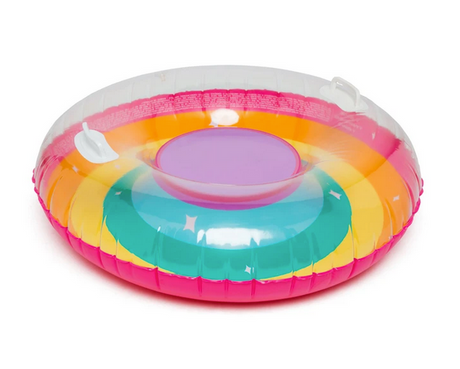 Snow Tube | Rainbow inflatable snow tube with colorful rings and comfort grip handles for a smooth ride.