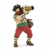 Pirate with Cannon figurine holding a wooden cannon, dressed in pirate attire with tattoos and a skull hat.