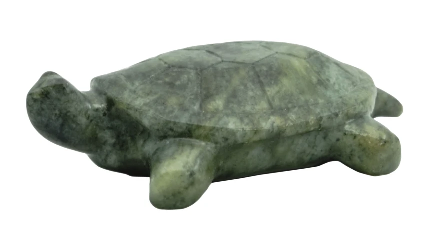 Soapstone Carving Turtle showing smooth green soapstone carved into a detailed turtle figure, perfect for beginners.