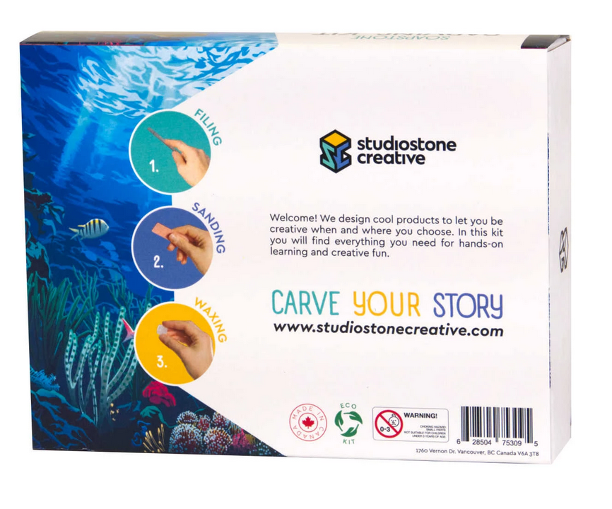 Soapstone Carving Turtle kit box showing filing, sanding, and waxing tools for creative soapstone carving.
