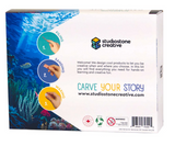 Soapstone Carving Turtle kit box showing filing, sanding, and waxing tools for creative soapstone carving.