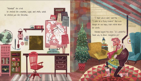 Last Stop on the Reindeer Express holiday book illustration showing a cozy room with Christmas tree and two characters hugging.